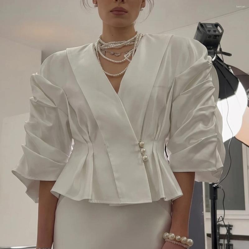 Women's Blouses Luxury White Women Satin Blouse V Neck 3D Ruffle Sleeves Pearls Buttons Cropped Top Chic Formal Wedding Party Business e1