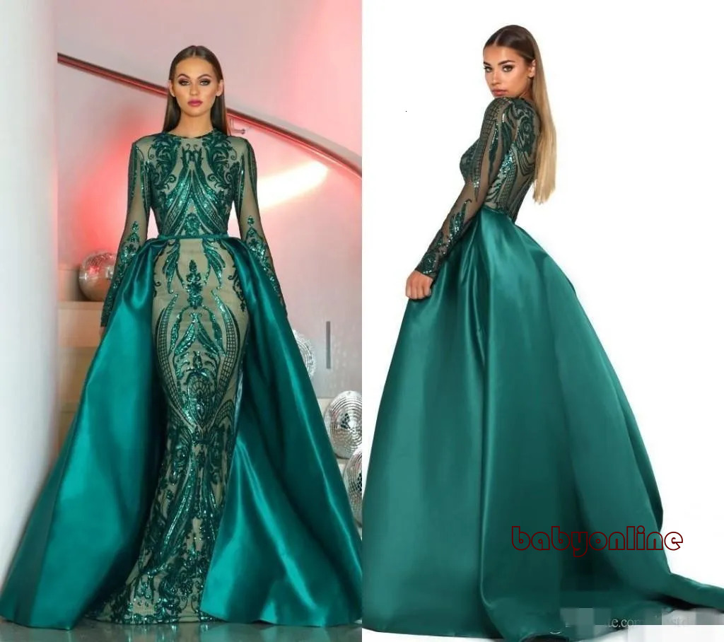 Long Dark Green Sleeves Mermaid Prom Dresses With Detachable Train Satin Sparkly Sequins Custom Made Formal Evening Gown Vestido De Noche