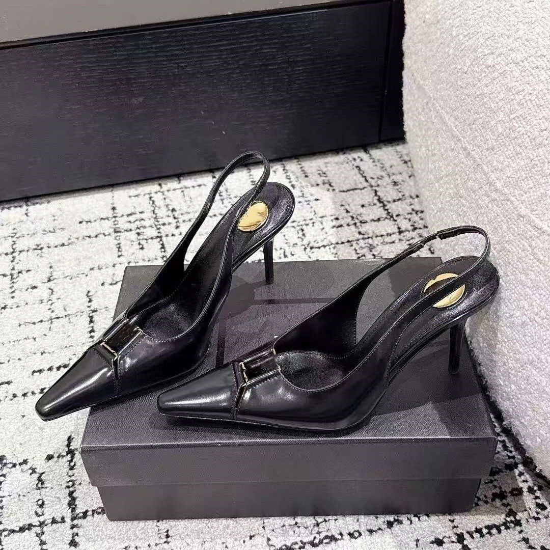 heel Designer high heels luxury women's sandals gold halter sexy temperament black leather pointed stiletto women's dress shoes