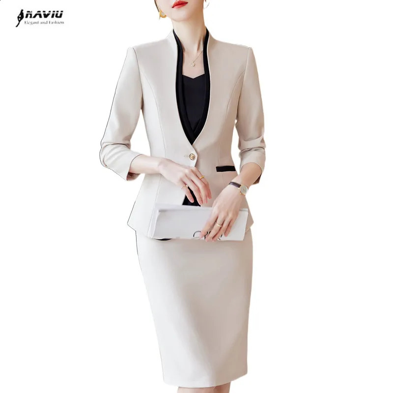 NAVIU Apricot Suits Women Autumn Fashion Temperament Business Formal Blazer And Skirt Sets Office Ladies Work Wear Black 260629