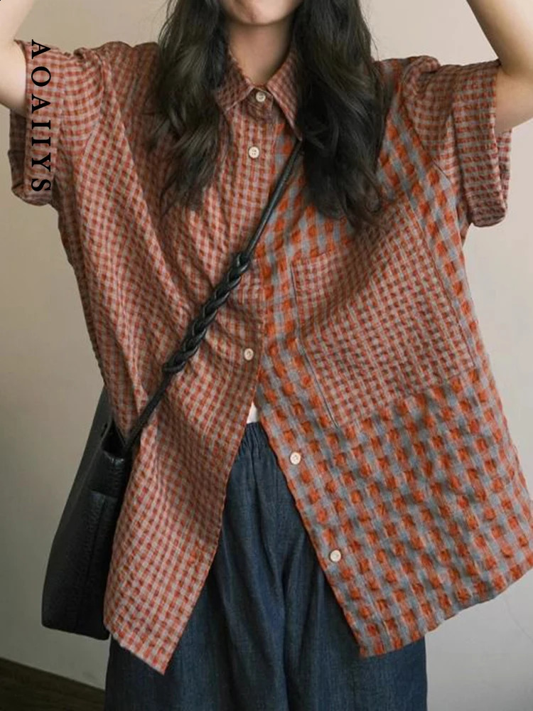 Aoaiiys Camicetta giapponese Donna Plaid Vintage Colletto per la sera Top Camicie casual a maniche corte allentate 2026 Camicia moda estiva 260702