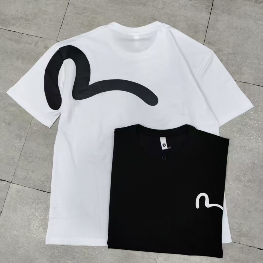 T-shirt de luxe simple à grande courbe avec crochet imprimé au dos, américain décontracté en coton épais, ample unisexe à col rond, noir et blanc