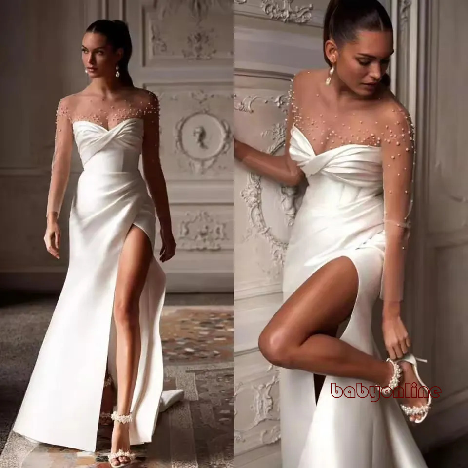Elegant Pearls Illusion Long Sleeves Detachable Top Modern Satin Mermaid Wedding Dress For Bride Sweetheart Pleats Sexy Split Robe De Mariee Plus Si