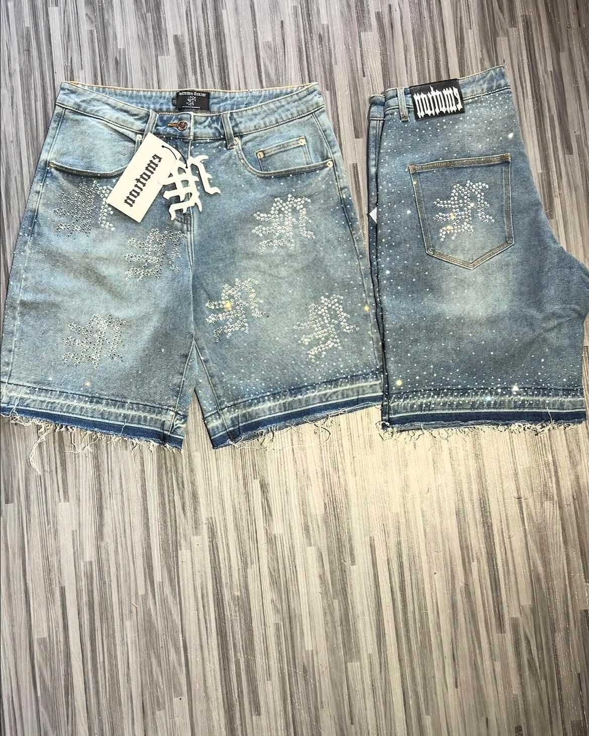 Lettering Studded MIXED Denim EMOTION Shorts Jeans for Mens Womens Hip Hop Vintage Blue Baggy Shorts Over The Knee Pants M260703