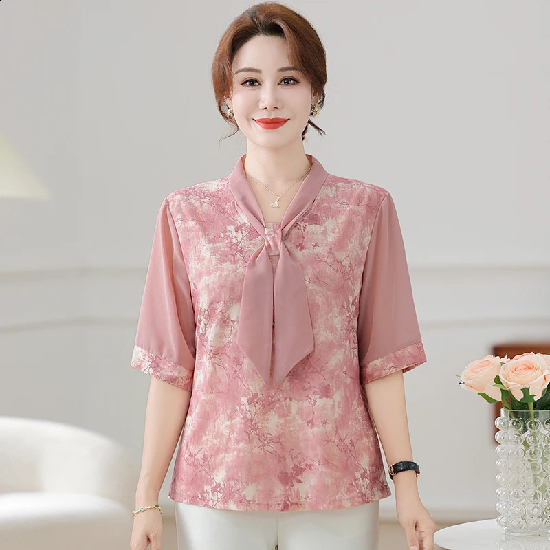 2025 Plus Loose Blouse Tie Tshirt Tops Middleaged Mom Summer Shirt Casual Forest Style Cool Size Temperament Clothing 260702