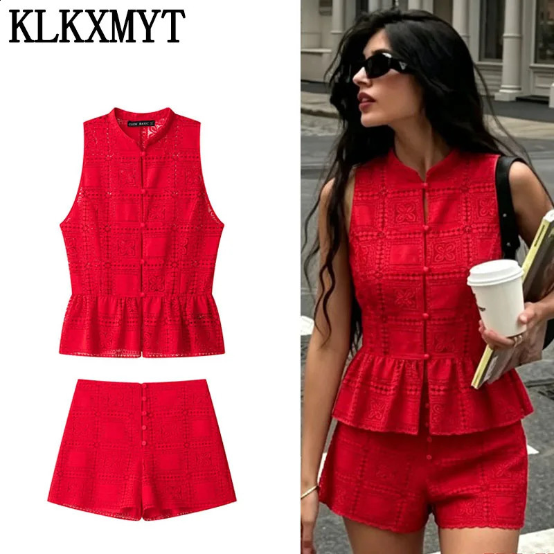 KLKXMYT Women Summer Shorts Set Fashion Lace Hollow Out Top High Street MidWaist Casual Suit 260626