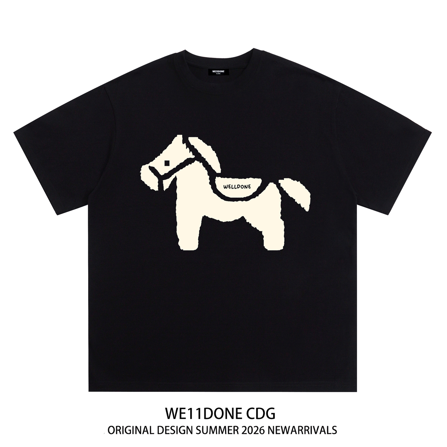 Designer Luxury Cartoon Pony Print Men T-Shirt, Korean Gentle Loose Unisex Black Minimalist Crew Neck Tees
