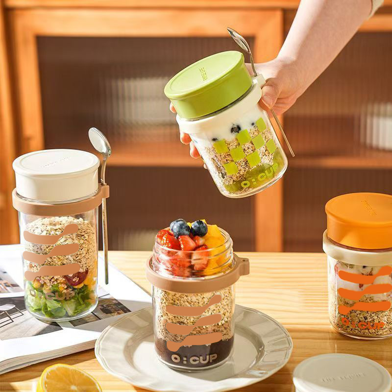 Breakfast Oatmeal Sealed Glass Jar with Lid Spoon Portable Milkshake Yogurt Cereal Transparent Salad Cup-image-1113381323