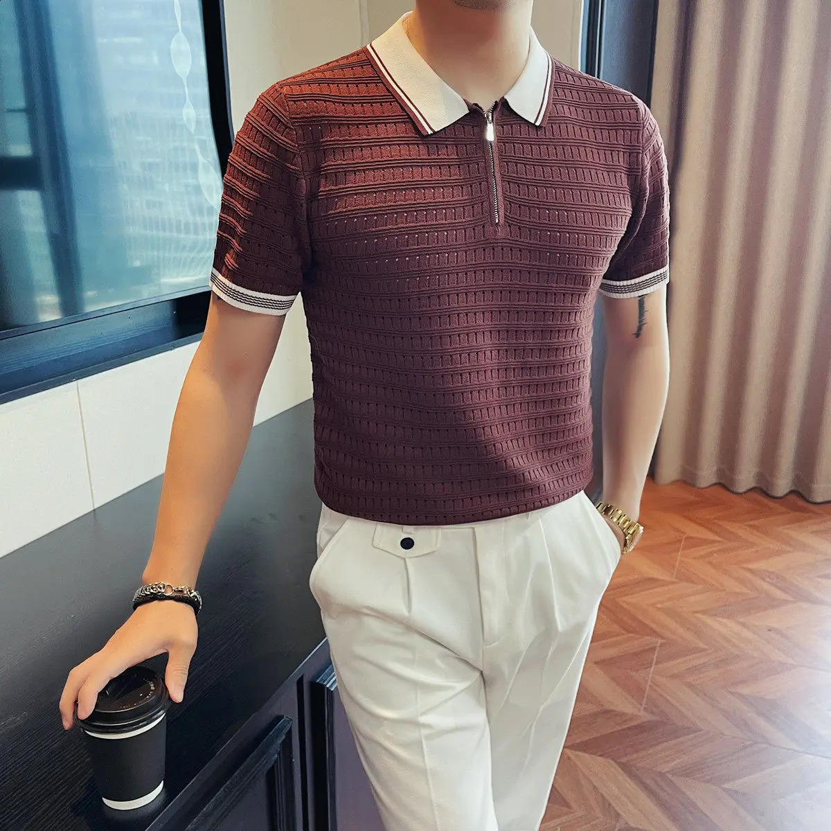 2026 Summer Zipper Polo Shirt Mens Short Sleeved Knitted Slim Fit Breathable Tshirt Jacquard Plaid Casual Business Shirts 260702