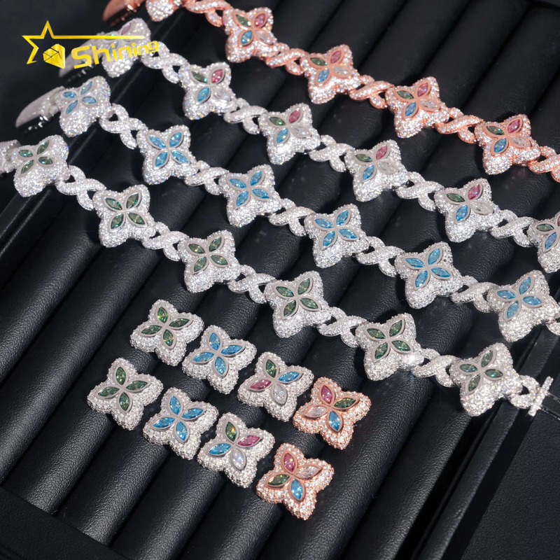 Hip Hop 925 Silver 18MM Width Colored Clover Moissanite Bracelet with Earrings Custom Iced Out Fine Jewelry Sets for Men Women-image-1113473947