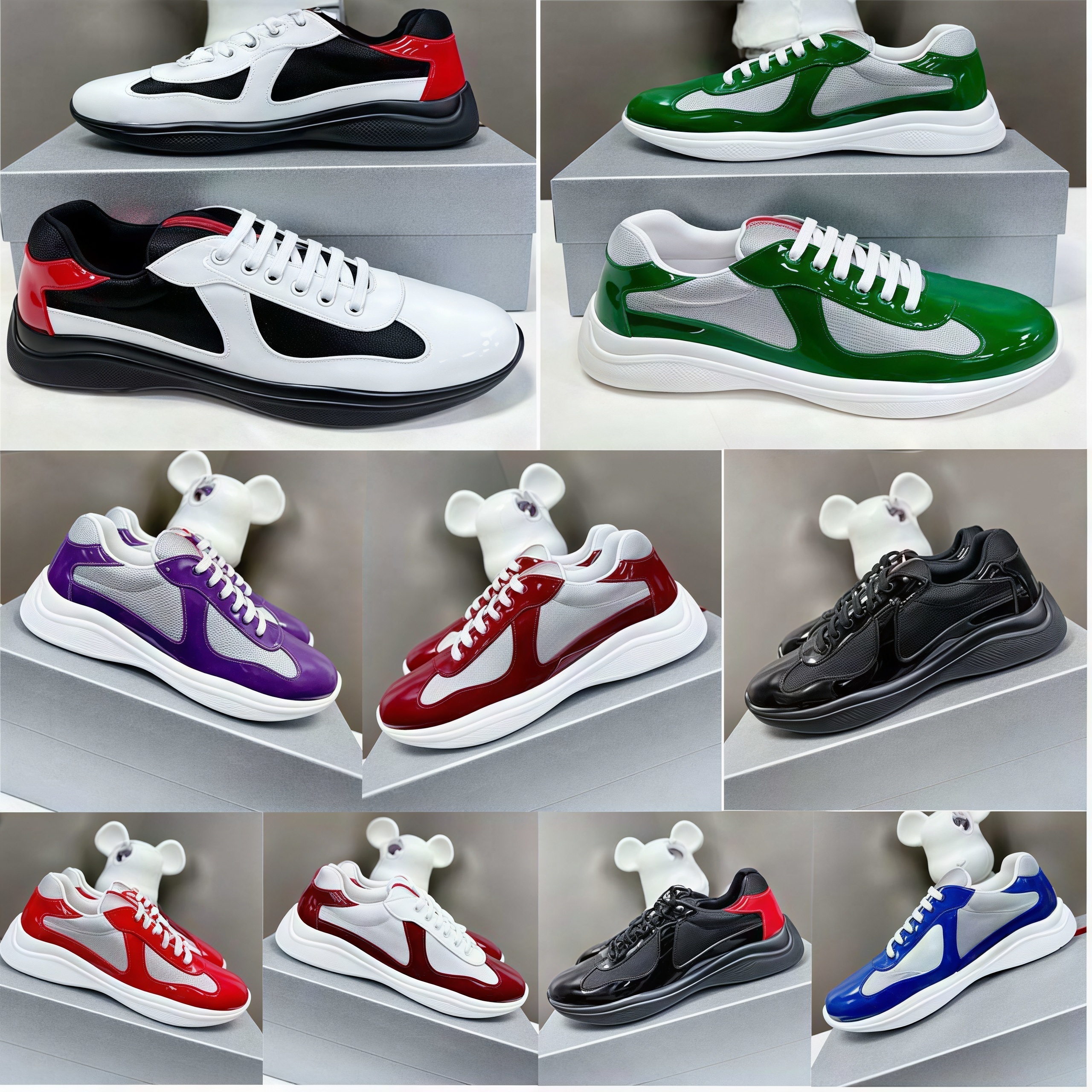 Designer Sneakers Mens womens Cup Shoes Classic Casual Running Bright Leather Nylon Iutdoor Trainers White Black Green Yellow Fashion Sports Trainer