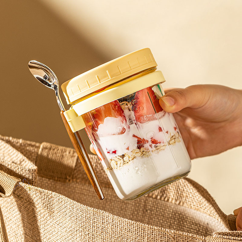 Amazon Overnight Oats Glass with Lid and Spoon, Sealed Breakfast Measuring Cup, Portable Milk Salad Yogurt Cup-image-1113370772