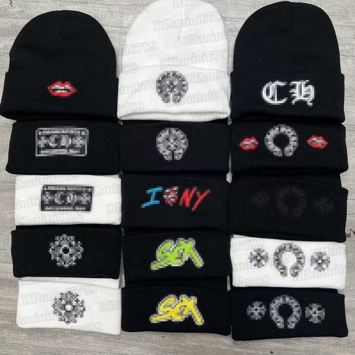 Chrome Beanie Heartcap hat Cuffed Knit Cross Horseshoe Lips I LOVE NY CH Embroidery Y2K Punk Warm Acrylic Multi Color Winter Skull Cap for Skate Tee