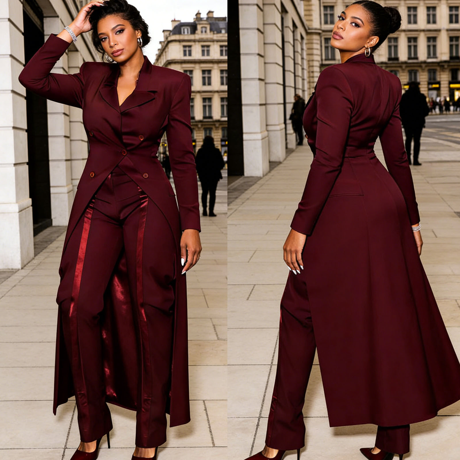 Blazer lungo da donna doppiopetto bordeaux adatto a 2 pezzi Cappotto formale da lavoro taglie forti Cappotto abito da festa personalizzato