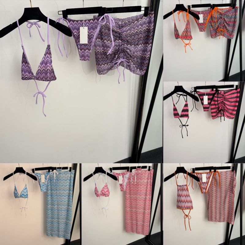 Designer Wave Crochet Bikinis Swimwear Womens Sexy Triangle Bikini Set With Cover Up Skirt Summer Beach Resort Charm Swimsuits-image-961483553
