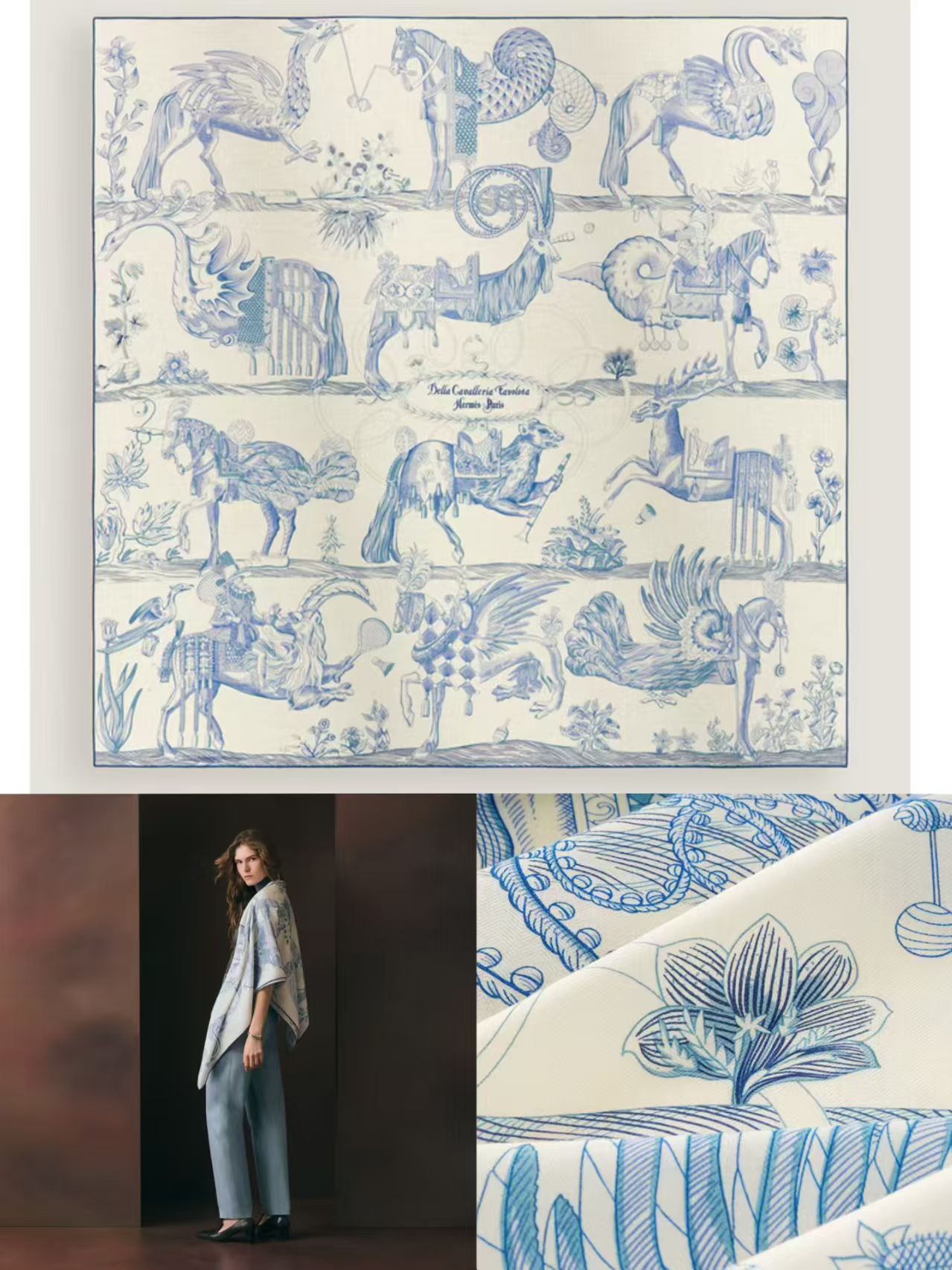 26ss H Designer Silk Cashmere scarf wool and silk blend extra large women's shawl magical horse knight warm neck air conditioned room square sc