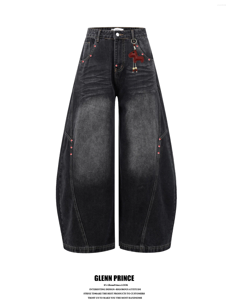Men's Jeans Retro Red Turquoise Deconstructed Hanging Decoration Knife 2026 Trendy High-End Feeling Long Pants