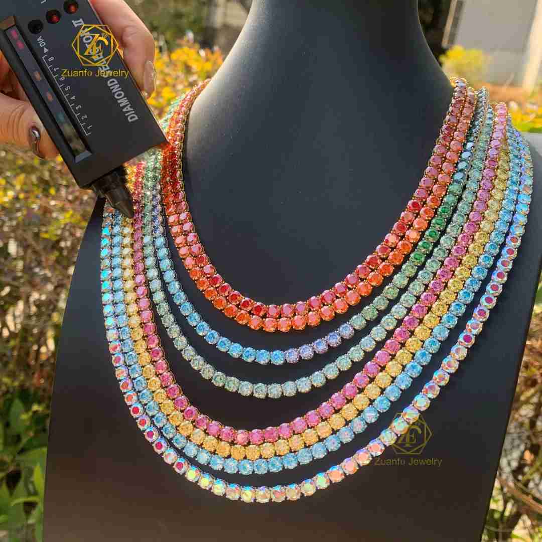 Ice Out 925 Sterling Silver 5mm Moissanite Tennis Chain Necklace in Red Blue Pink Yellow Colors Pass diamond Tester