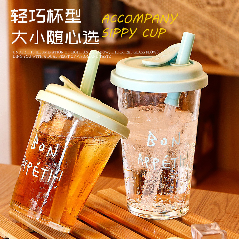 New Trendy Printed Letter Glass High-Value Ins Style Popular Water with Lid Milk Coffee Cup-image-1113373446