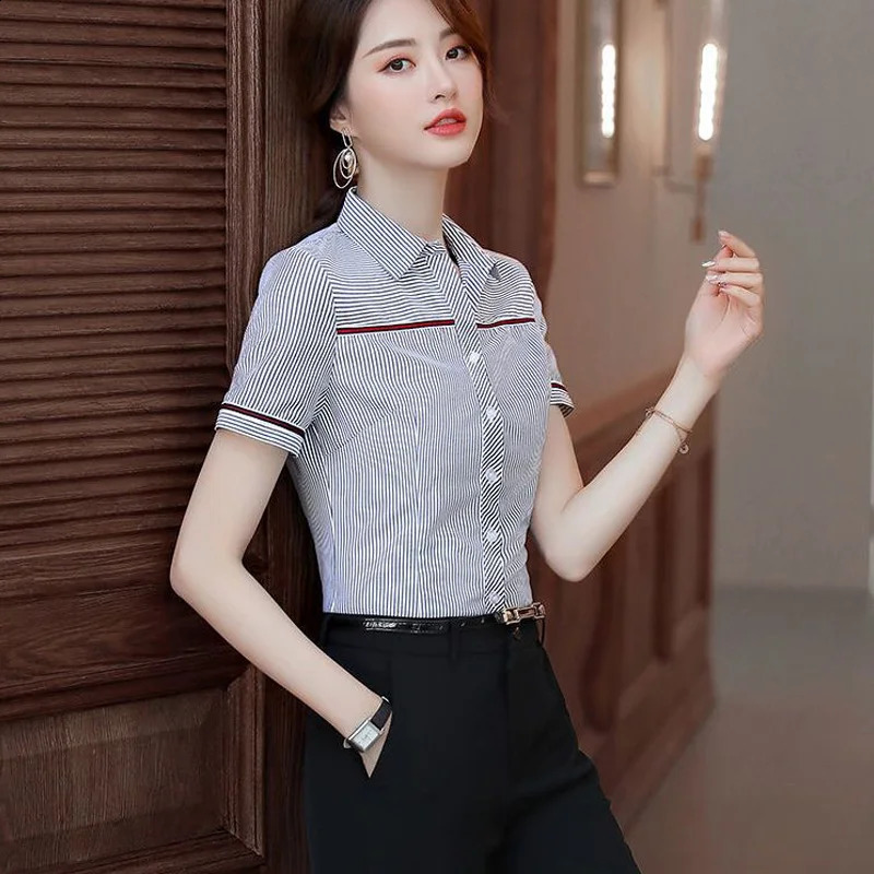Summer Striped Contrast Shirt Tops Short Sleeve Polo Neck Slim Allmatch Plus Size Office Blouse Fashion Elegant Women Clothing 260702