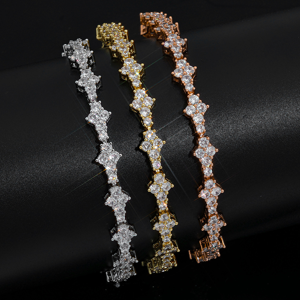 Three Tone Floral Cluster Tennis Bracelet Set Designer Luxury Accessory Silver Gold Rose Gold Plated Full Zircon Link Wrist Chain For Wedding Party