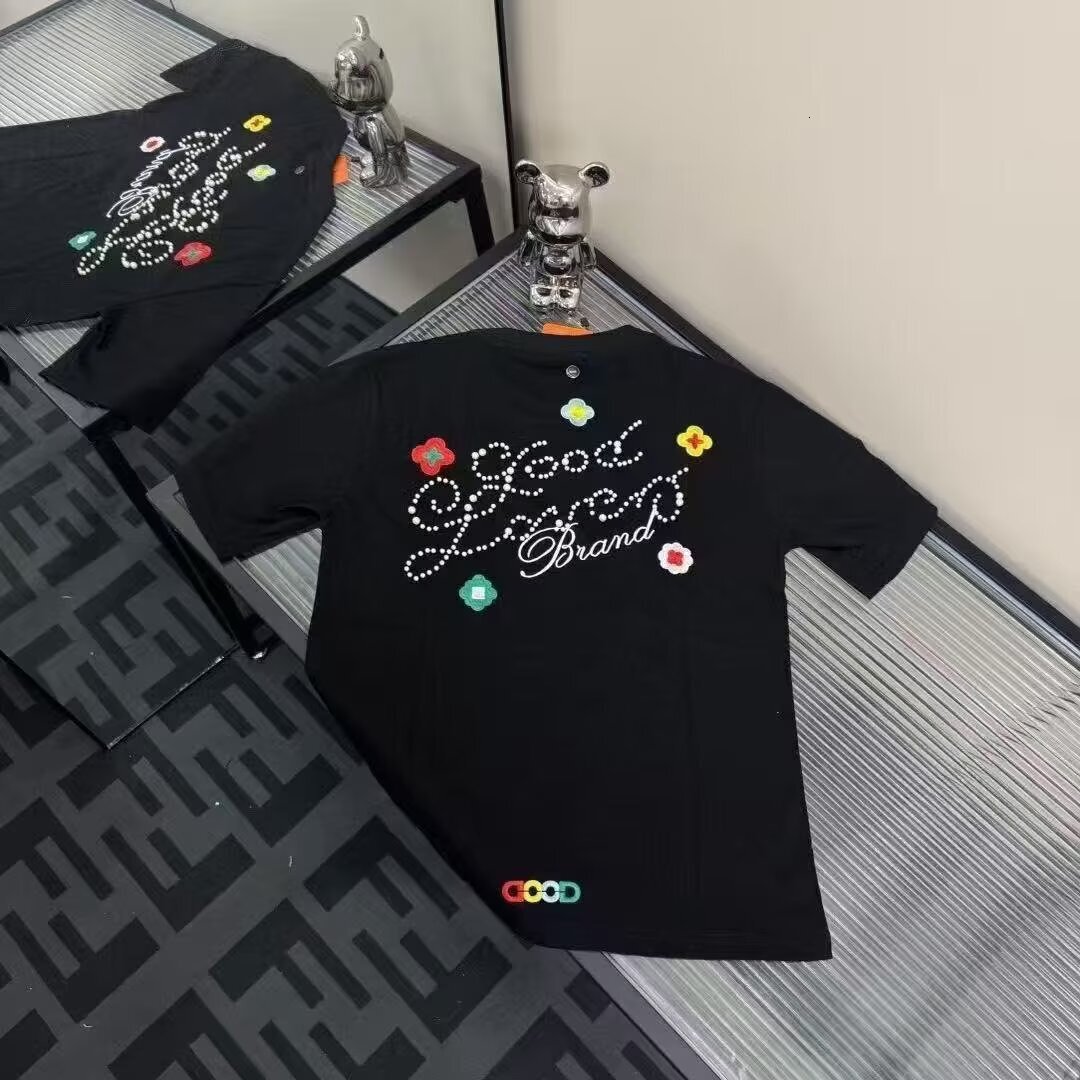 T-shirt graphique de luxe avec signature en strass floral de couleur de créateur, coton lavé à épaules tombantes amples pour hommes, haut décontr