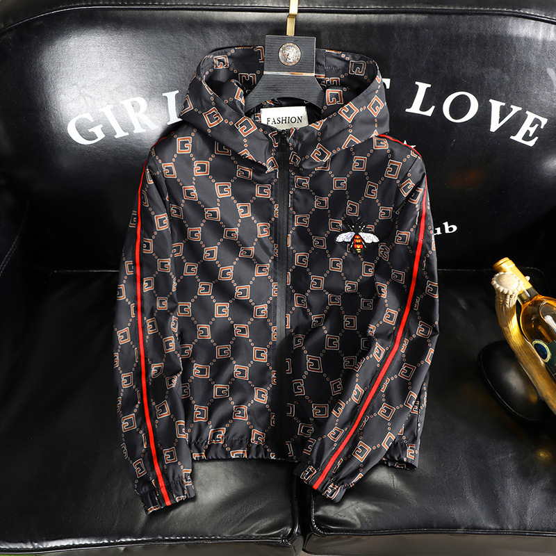 Designer Luxury Full G Letter Bee Embroidery Rag Stripe Hooded T-Shirt Jacket, Men Lightweight Breathable Zip Up Casual Sun Protection Coat Multi Co