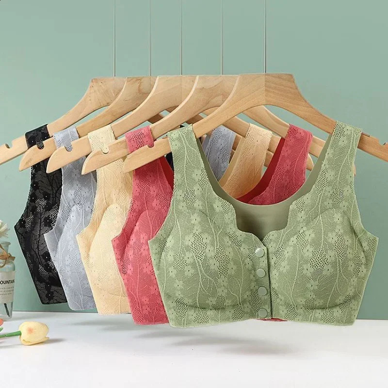 Moms underwear middleaged and elderly womens bras seamless front open button vest style oversized summer thin bra 260702