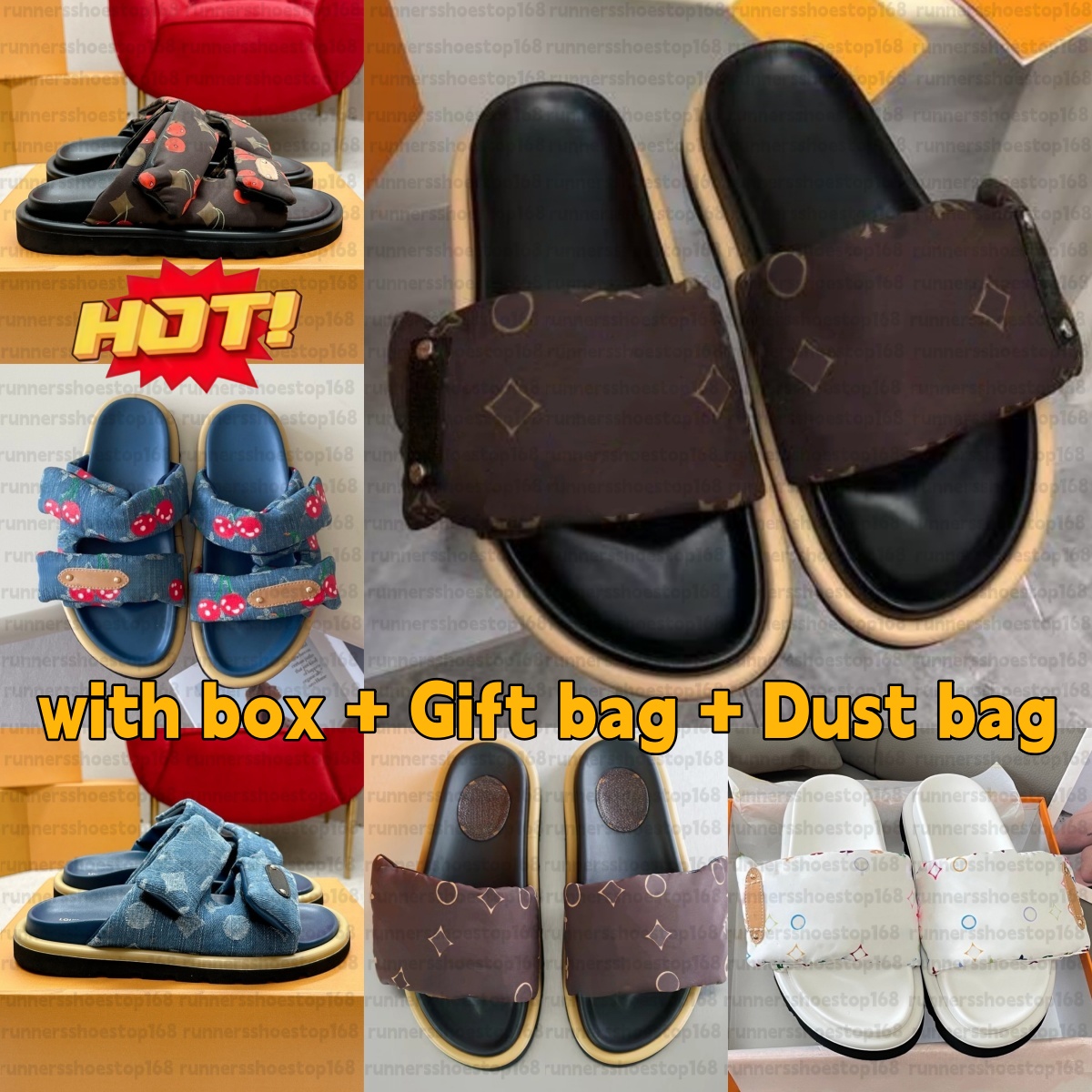 2026 denim lslides women sandals designer slippers Pool Pillow slides summer cotton fabric leather casual shoes man black scuff flat sandals mule-image-941073540