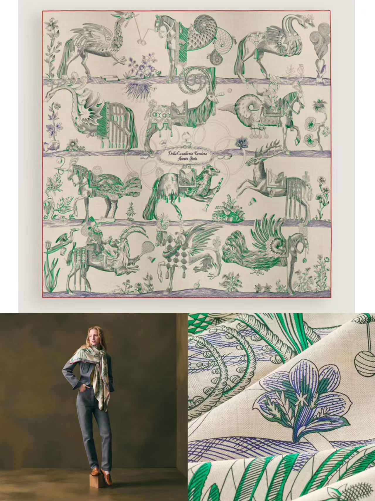 26ss H Designer Silk and Cashmere scarf, wool and silk blend extra-large women's shawl, magical horse knight, warm neck scarf, air-conditioned