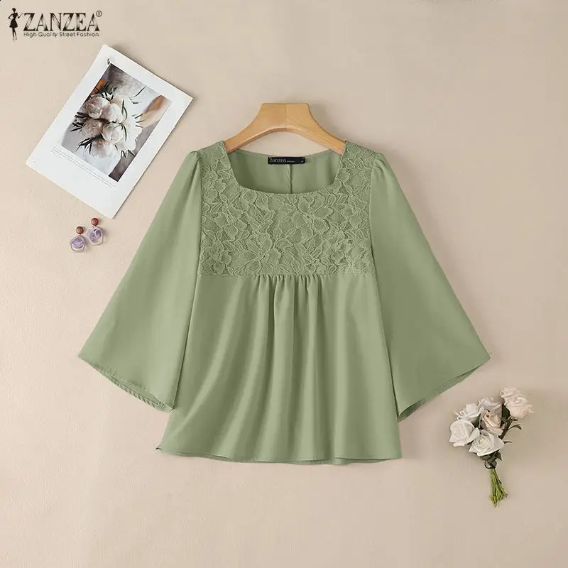 ZANZEA Womens Elegant 34 Bell Sleeves Blouses Lace Patchwork Square Neck Solid Color Tops Summer Daily Casual Blusas de Mujer 260702