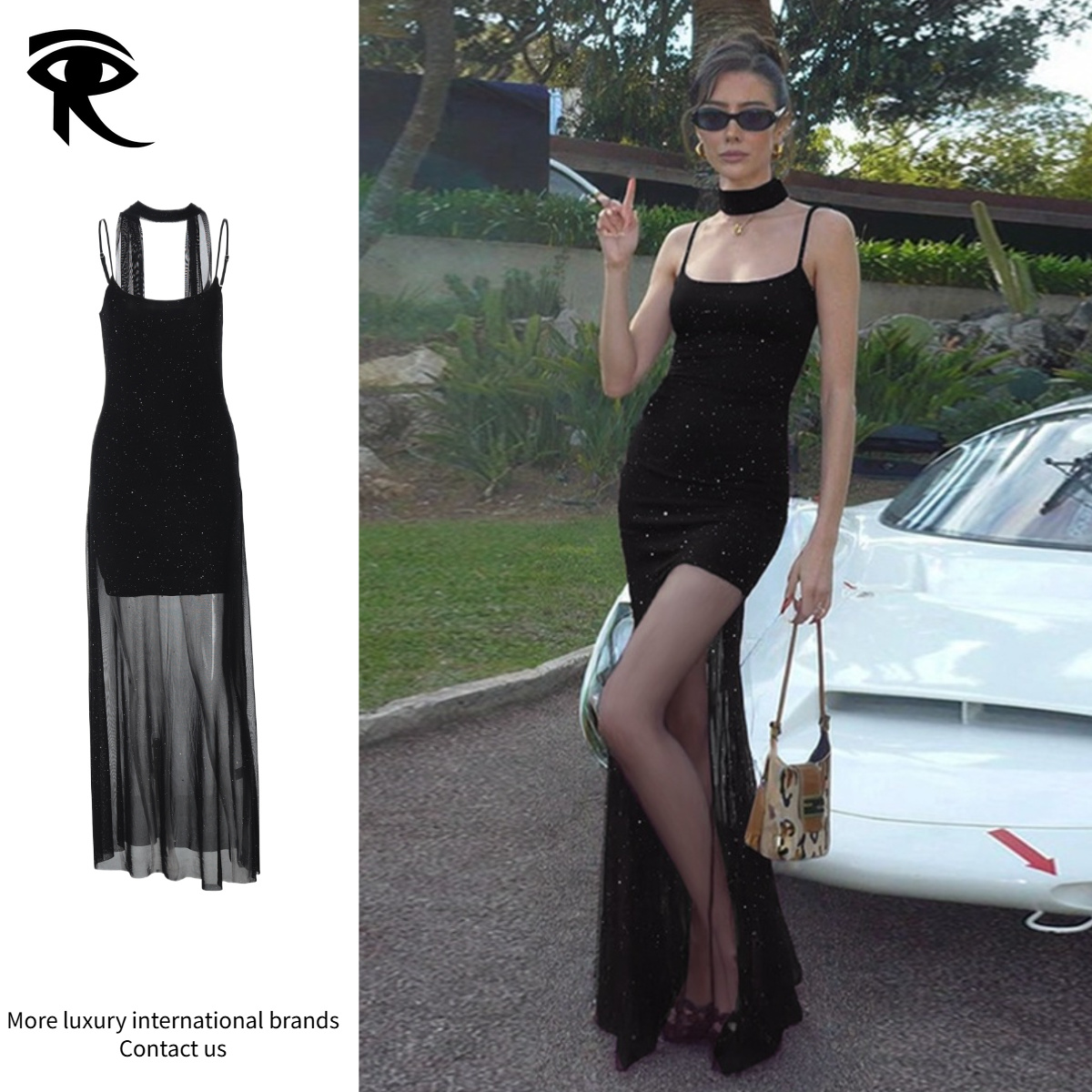 Robe de soirée italienne Sexy de luxe scintillante, couleur unie, ourlet en maille transparente, moulante, bretelles Spaghetti, robe de créateur