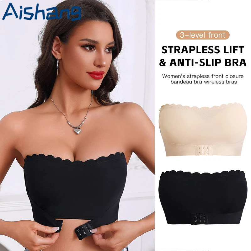 Womens Strapless Front Clre Bra Wireless Bandeau Nonslip Underwear Wavy Edge Chest Wraps Padded Push Up Tube Top Bralette 260702 69