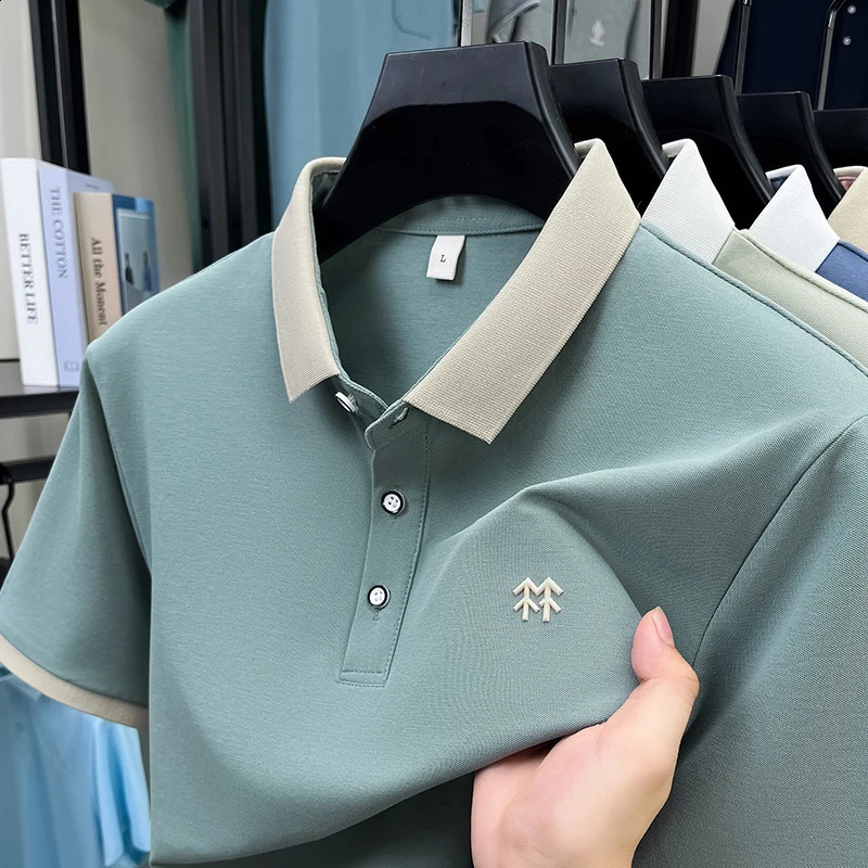 ner silk cotton short sleeve polo shirt summer Korean casual mens Tshirt fashion embossed soft breathable top 260702banjia