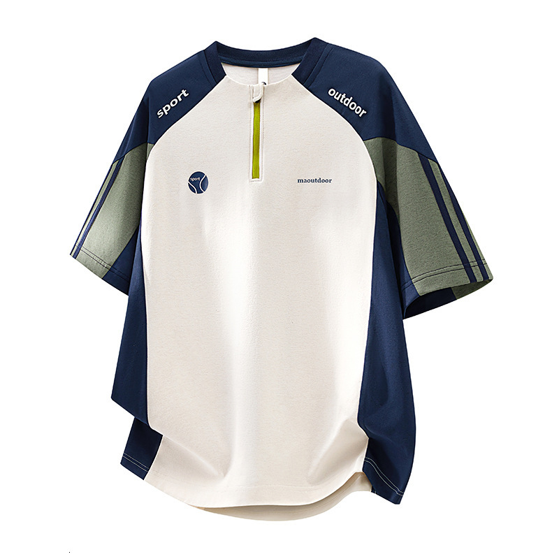 T-shirt polo raglan à demi-fermeture éclair de luxe avec blocs de couleurs, logo de tennis de sport de plein air, coton piqué, t-shirt ample unis