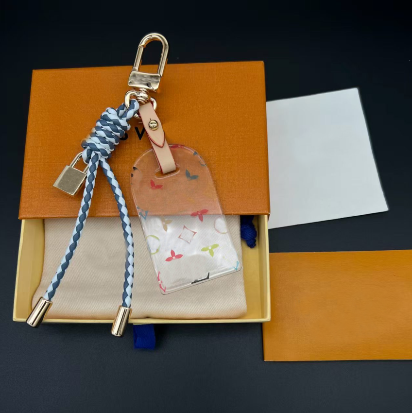 Luxury Designer Luggage Name Tag Keychains Lanyards Clear Acrylic Monogram Bag Charm Weaving Rope Lock Pendant Handbag Accessory Gifts