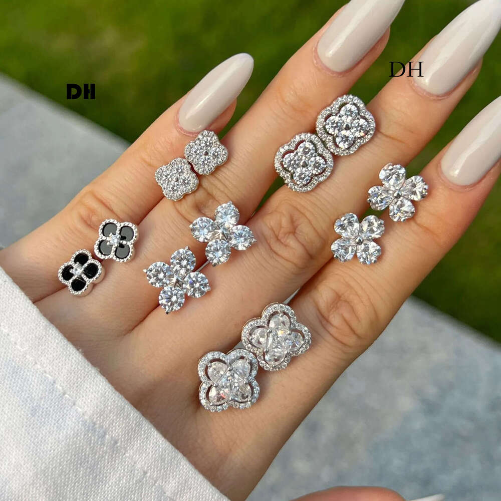designer jewelry S925 Sterling Silver Four Leaf Clover for Women Inlaid with Zircon Fashion Light Luxury Flower Earrings Live Streaming Factory