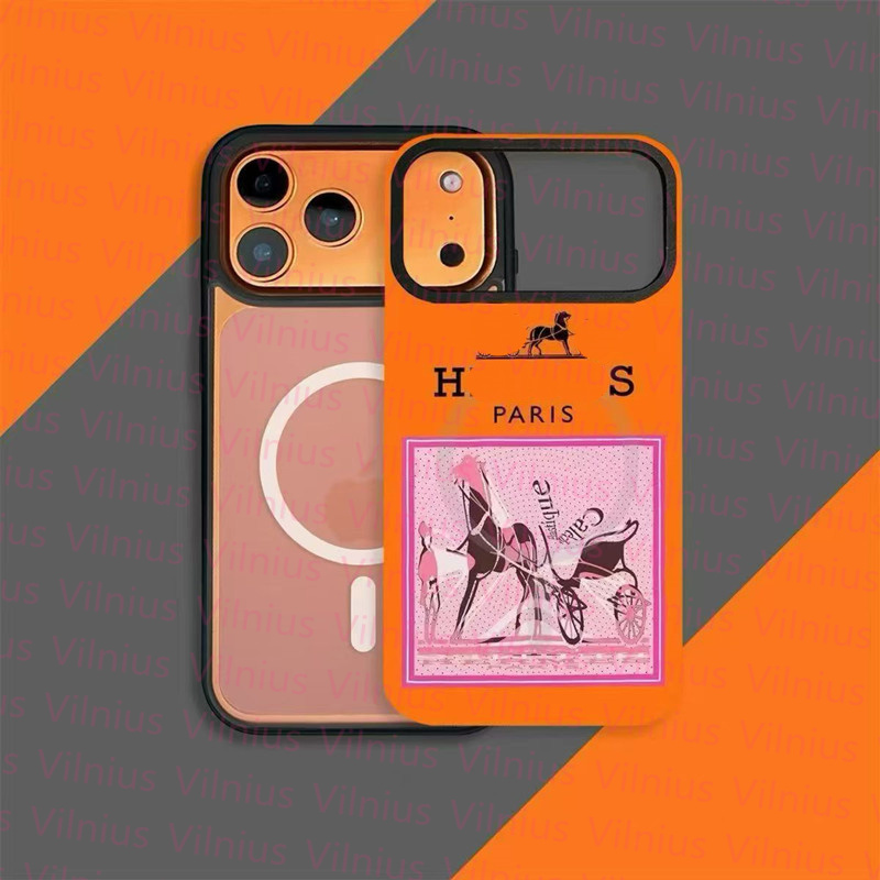 Dual Magnetic Detachable 2 in 1 Phone Case For iPhone 17 16 15 14 13 12 Pro Max Luxury Orange Carriage Scarf Print Cover Magsafe Magnetic Shockpr-image-1113338115