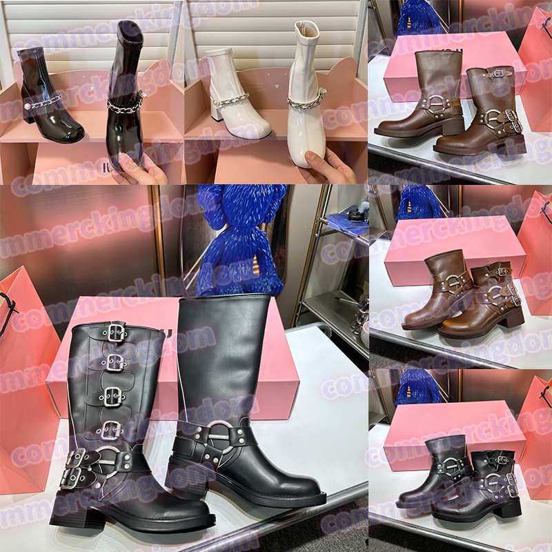 With box Designer boots Harness Belt Buckle cowhide leather Biker Knee Leather boots Knight boots Fashion square toe Ankle Booties for women 35-40