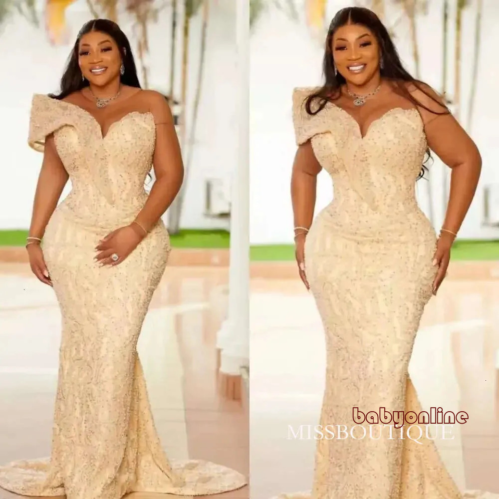 Long Mermaid Prom Dresses Sequins Beaded Elegant One Shoulder Sheer Neck Special Occasion Formal Gowns Plus Size African Women Second Reception Dres