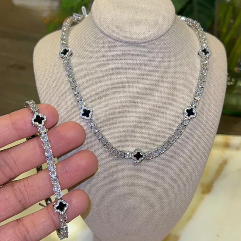 Womens Gold Plated Bling Tennis Bracelet Chain Diamond Jewelry Set Hip Hop Iced Out Black Clover Necklace-image-1113474130
