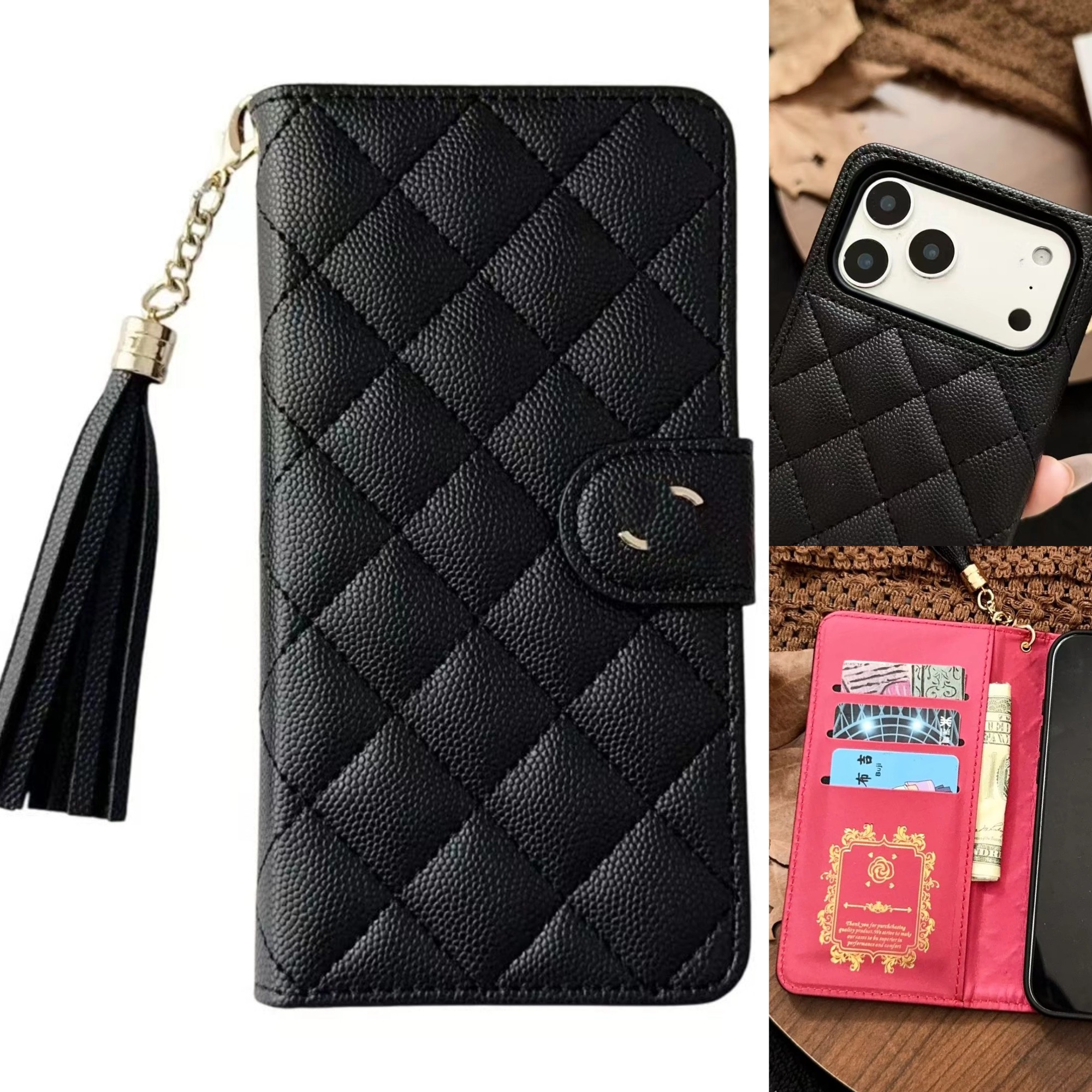 Leather Flip Wallet Phone Case for Apple iPhone 17 Pro Max 16 Pro Max 15 14 13 12 11 XR XS 15 Plus 16Plus 17 AIR Phonecase Designer Caviar Quilted C