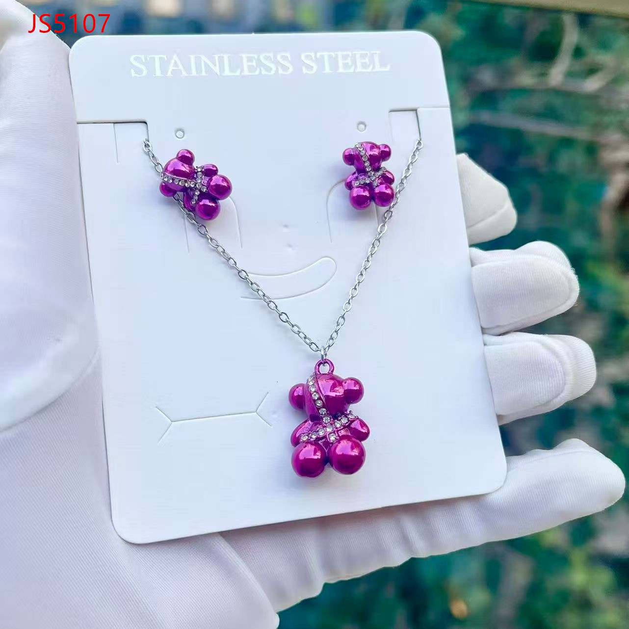 Fashion Women Girls Silver Rose Gold Stainless Steel Span Bear Cartoon Animal Pink Green Black White Oil Letter Pendant Earrings Jewelry A Gift-image-1113395721