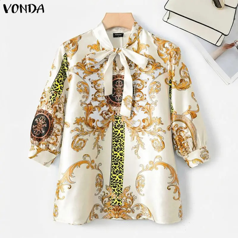 VONDA Fashion Women Plus Size Blouses Summer Autumn Bow V Neck Floral Print OL Work Party 34 Sleeve Tops Streetwear Blusas 260702