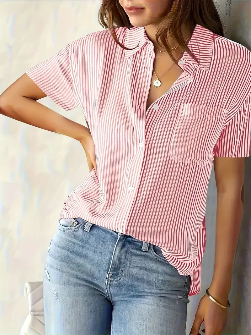 Camicia da donna a maniche corte elegante a righe con bottoni taglie forti Camicetta leggera da donna per la primavera-estate 260702
