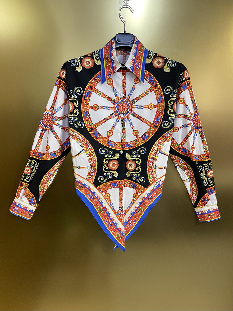 100% Cotton Women Blouses Turn-down Collar Long Sleeve Fashion Classic Printing Shirt Sweet Lady Asymmetrical Tops