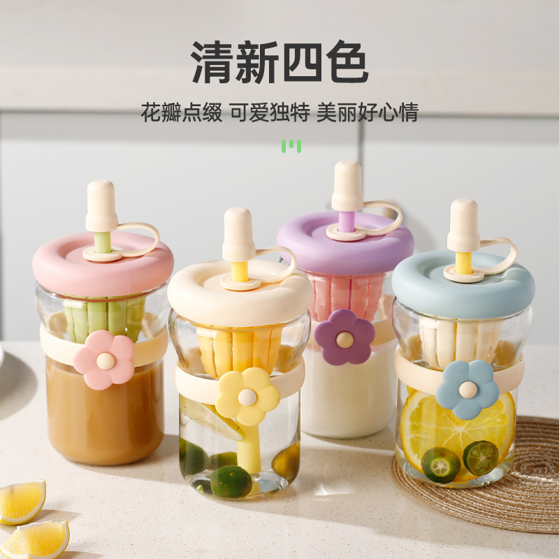Livraison gratuite pour livraison directe Jiuheng fleur Simple verre Transparent eau avec couvercle et paille tasse de boisson froide de grande v