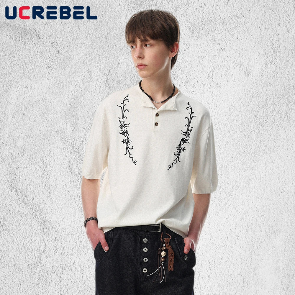 Embroidery Knitted Short Sleeve Tshirt Mens Summer Retro High Street Henley Collar Loose HalfSleeve Man Tee 260702banjia