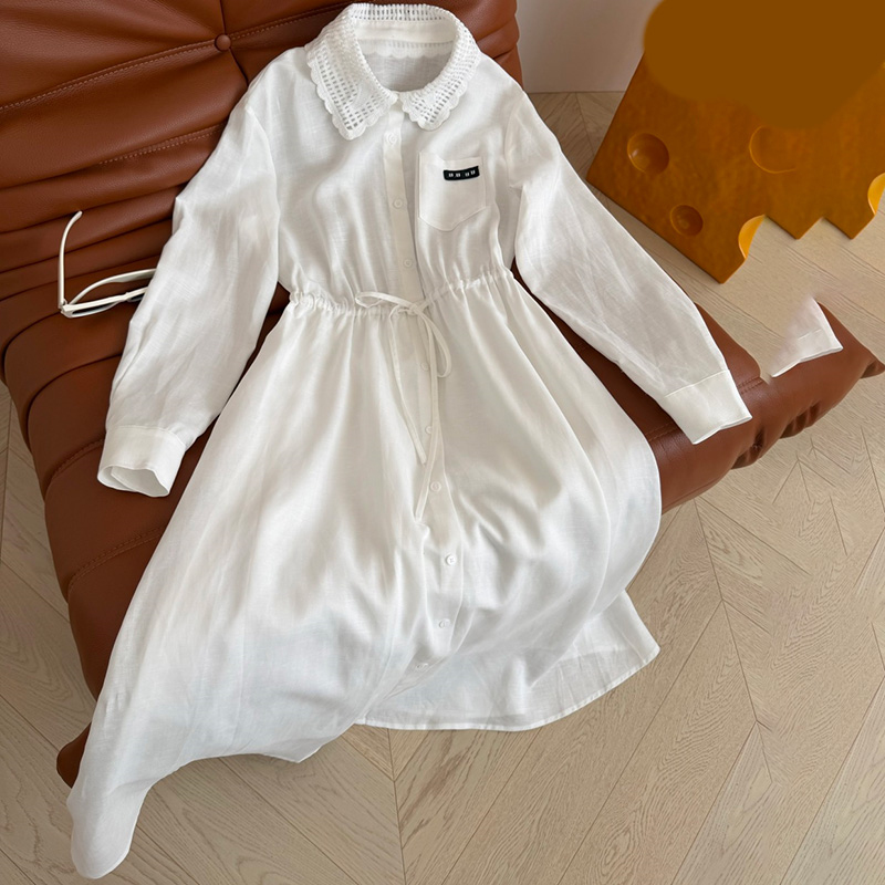 Designer Lady Long Dress Lace Lapel Waist Cinching Long Sleeve Vacation Dress Spring Autumn Elegant Commute Maxi Dress