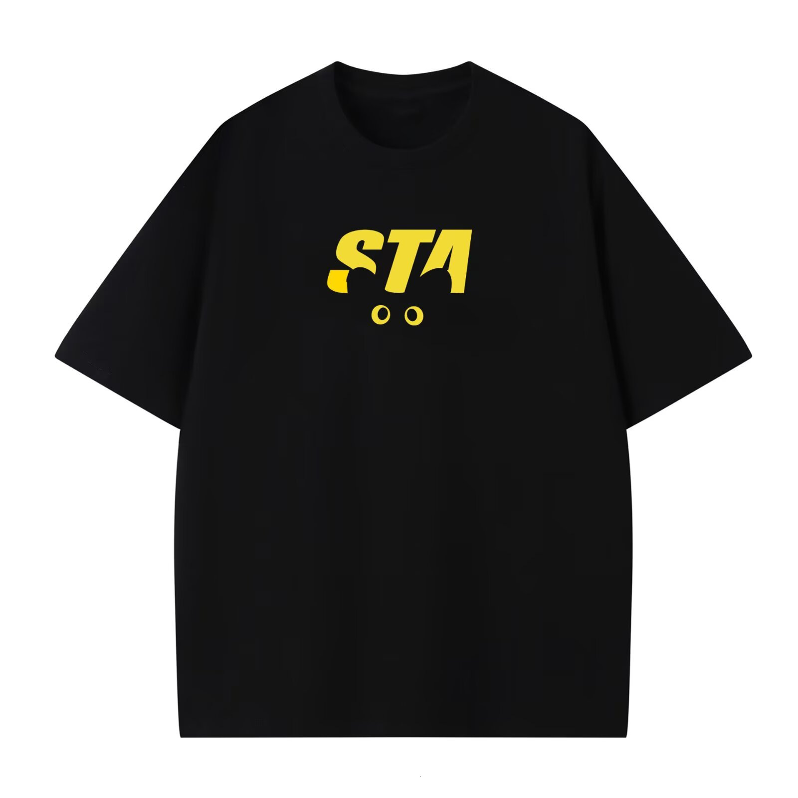 T-shirt de luxe jaune STA avec imprimé sur la poitrine, style streetwear américain, en coton épais, uni, ample, unisexe, col rond, multicolore